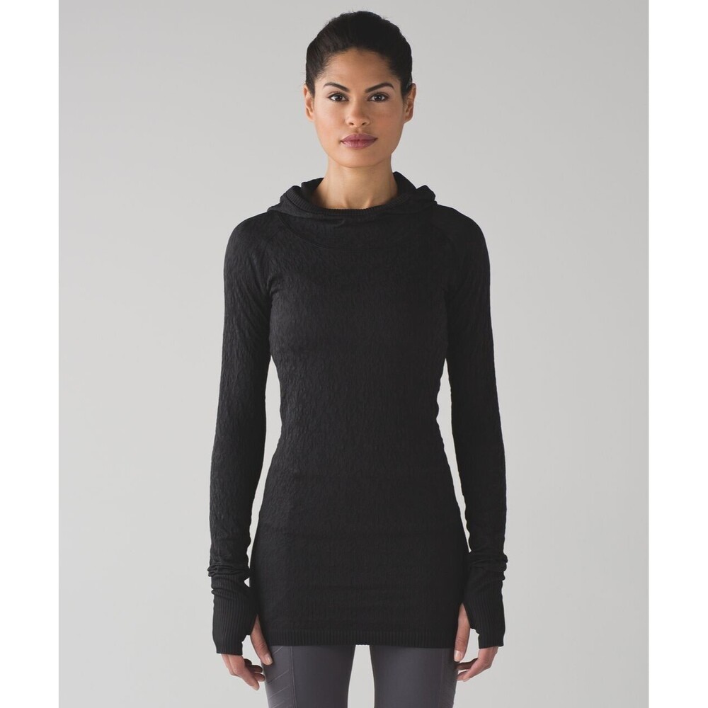 Lululemon Womens Hoodie Black Rest Less Textured Thumbhole Pullover Athletic 4